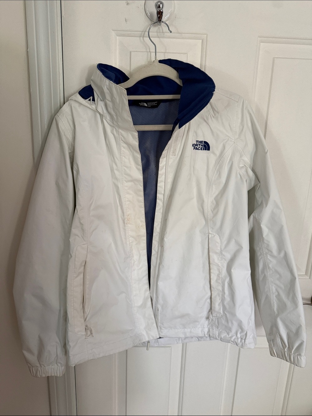 The North Face White RainJacket with Blue Hood Lining